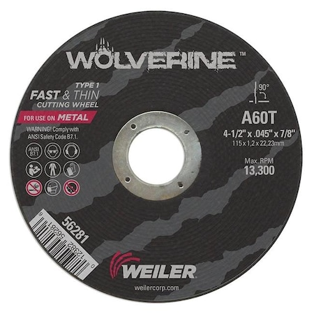 Weiler Weiler 804-56281 4.5 x .045 x 875 in. Wolverine Type 1 Thin Cutting Wheel; A60T 804-56281